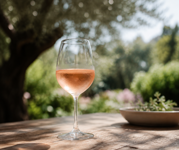 verre de rosé frais sur table en bois dans le jardin